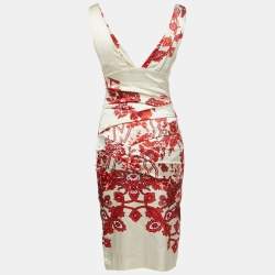 Pre Owned Roberto Cavalli Cream Printed Satin Tiered Plunge Neck Sleeveless Dress S