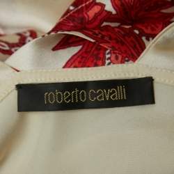 Pre Owned Roberto Cavalli Cream Printed Satin Tiered Plunge Neck Sleeveless Dress S