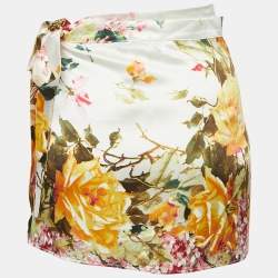 Pre Owned Roberto Cavalli White Floral Print Satin Mini Wrap Skirt M