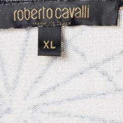 Pre Owned Roberto Cavalli Beige Printed Knit Leather trim Top & Silk Satin Pants XL/M