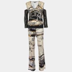 Pre Owned Roberto Cavalli Beige Printed Knit Leather trim Top & Silk Satin Pants XL/M
