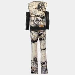Pre Owned Roberto Cavalli Beige Printed Knit Leather trim Top & Silk Satin Pants XL/M