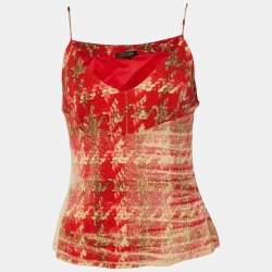Pre Owned Roberto Cavalli Red Print Silk Camisole & Tie Front Shirt S