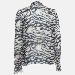 Pre Owned Roberto Cavalli Beige/Black Print Silk Button Front Ruffled Blouse M