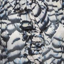 Pre Owned Roberto Cavalli Beige/Black Print Silk Button Front Ruffled Blouse M