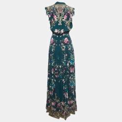 Pre Owned Roberto Cavalli Green Floral Print Silk Pleat Detail Sleeveless Maxi Dress S