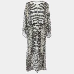 Pre Owned Roberto Cavalli Black Animal Print Silk Maxi Kaftan M