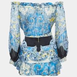 Pre Owned Roberto Cavalli Multicolor Print Silk Top Skirt Set S