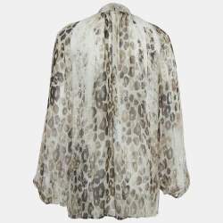 Roberto Cavalli Beige Animal Print Silk Pleated Sheer Shirt S