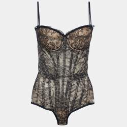 Pre Owned Roberto Cavalli Black/Beige Sheer Victorian Lace Padded Corset Bodysuit XL