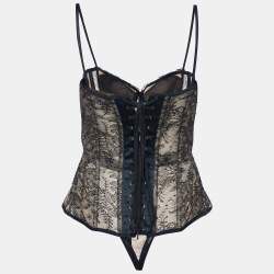 Pre Owned Roberto Cavalli Black/Beige Sheer Victorian Lace Padded Corset Bodysuit XL