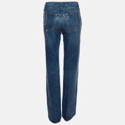 Pre Owned Roberto Cavalli Blue Textured Denim Wide Leg Jeans L Waist 31"