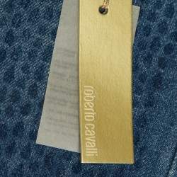 Pre Owned Roberto Cavalli Blue Textured Denim Wide Leg Jeans L Waist 31"