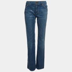 Pre Owned Roberto Cavalli Blue Textured Denim Wide Leg Jeans L Waist 31"