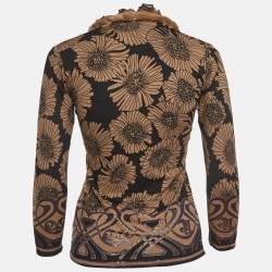 Pre Owned Roberto Cavalli Brown Floral Print Knit Mink Fur Trimmed Top M
