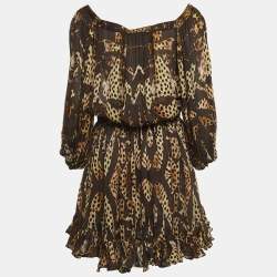 Pre Owned Roberto Cavalli Brown Animal Print Silk Ruffled Mini Dress L