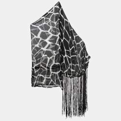 Pre Owned Roberto Cavalli Black Giraffe Print Silk Tasseled One-Shoulder Dress L