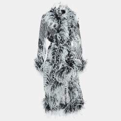 Pre Owned Roberto Cavalli Black/White Ostrich Feather Trimmed Silk Midi Wrap Dress M