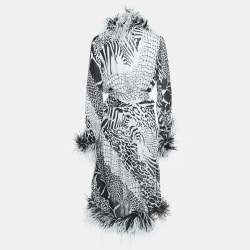 Pre Owned Roberto Cavalli Black/White Ostrich Feather Trimmed Silk Midi Wrap Dress M