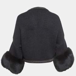Pre Owned Roberto Cavalli Grey Fox Fur Trimmed Wool Blend Embellished Cardigan S