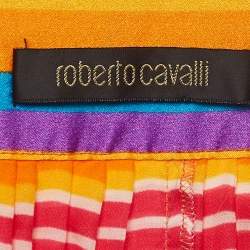 Pre Owned Roberto Cavalli Multicolor Striped Silk Top Stitched Pleats Maxi Skirt M