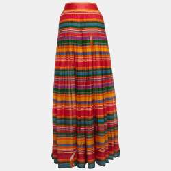Pre Owned Roberto Cavalli Multicolor Striped Silk Top Stitched Pleats Maxi Skirt M