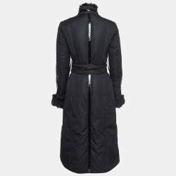 Pre Owned Roberto Cavalli Black Leather Trim Fur and Synthetic Belted Mid Length Coat S