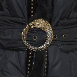 Pre Owned Roberto Cavalli Black Leather Trim Fur and Synthetic Belted Mid Length Coat S