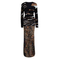 Pre Owned Roberto Cavalli Multicolor Animal Printed Knit Top and Maxi Skirt Set L