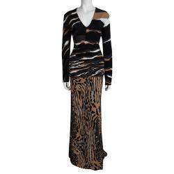 Pre Owned Roberto Cavalli Multicolor Animal Printed Knit Top and Maxi Skirt Set L