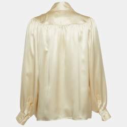 Pre Owned Roberto Cavalli Cream Satin Silk Tie-Up Collar Blouse S