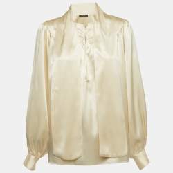 Pre Owned Roberto Cavalli Cream Satin Silk Tie-Up Collar Blouse S