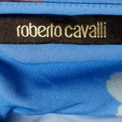 Pre Owned Roberto Cavalli Blue Floral Print Knit Off-The-Shoulder Top M