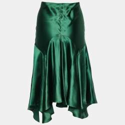 Pre Owned Roberto Cavalli Green Silk Satin Asymmetric Hem Skirt M