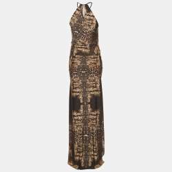 Pre Owned Roberto Cavalli Brown Animal Print Jersey Halter Neck Ruched Maxi Dress S