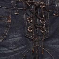 Pre Owned Roberto Cavalli Navy Blue Faded Denim Lace-Ip Detail Jeans S Waist 27''