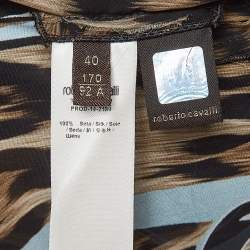 Pre Owned Roberto Cavalli Blue/Brown Printed Silk Waist Tie-Up Maxi Kaftan Dress S