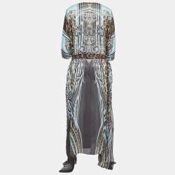 Pre Owned Roberto Cavalli Blue/Brown Printed Silk Waist Tie-Up Maxi Kaftan Dress S