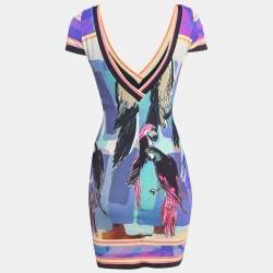 Pre Owned Roberto Cavalli Multicolor Printed Jersey V-Neck Mini Dress S