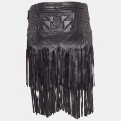 مملوكة مسبقًا Roberto Cavalli Black Embossed Leather Fringed Skirt S