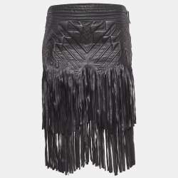 مملوكة مسبقًا Roberto Cavalli Black Embossed Leather Fringed Skirt S