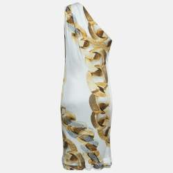 Pre Owned Roberto Cavalli White Chain Print Jersey One Shoulder Midi Dress M