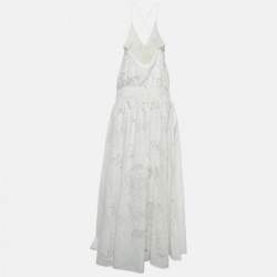 Pre Owned Roberto Cavalli Off-White Semi Sheer Patterned Cotton Frill Detailed Maxi Dress M