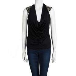 Pre Owned Roberto Cavalli Black Embellished Cap Sleeve Cowl Neck Top S