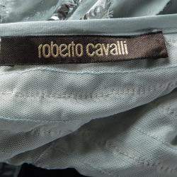 Roberto Cavalli Powder Blue Silk Ruffled Sequin Embellished One Shoulder Top S