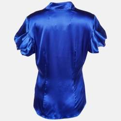 Pre Owned Roberto Cavalli Royal Blue Silk Satin Short Sleeve Shirt M