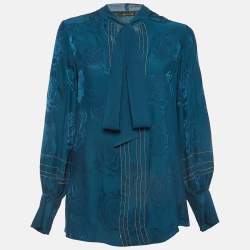 Pre Owned Roberto Cavalli Teal Blue Tiger Jacquard Embellished Blouse S