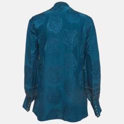Pre Owned Roberto Cavalli Teal Blue Tiger Jacquard Embellished Blouse S