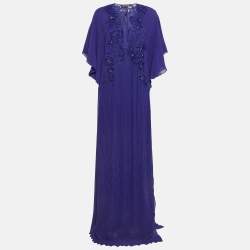 Pre Owned Roberto Cavalli Purple Embellished Silk Kaftan Maxi Dress M
