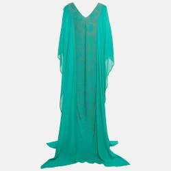 Pre Owned Roberto Cavalli Green Beads Embellished Silk Lace Up Maxi Kaftan M